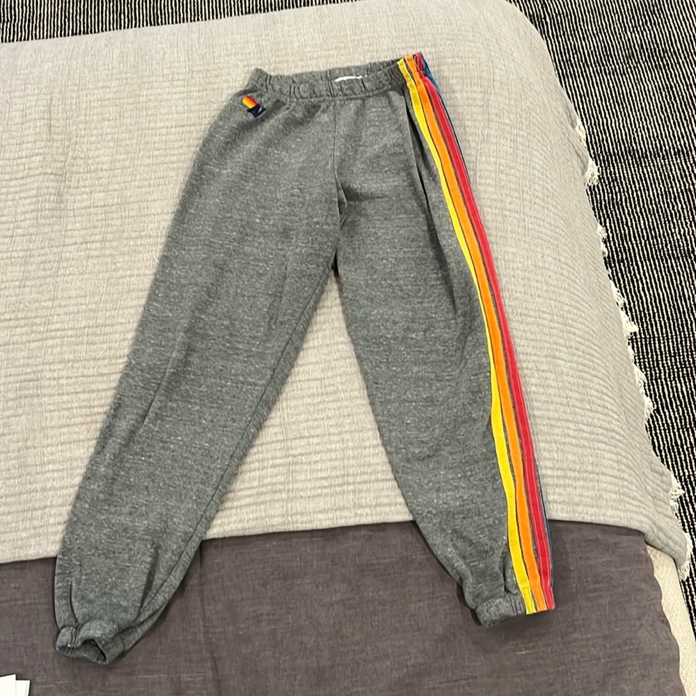 Aviator Nation Gray Track Pants with Rainbow Stripes